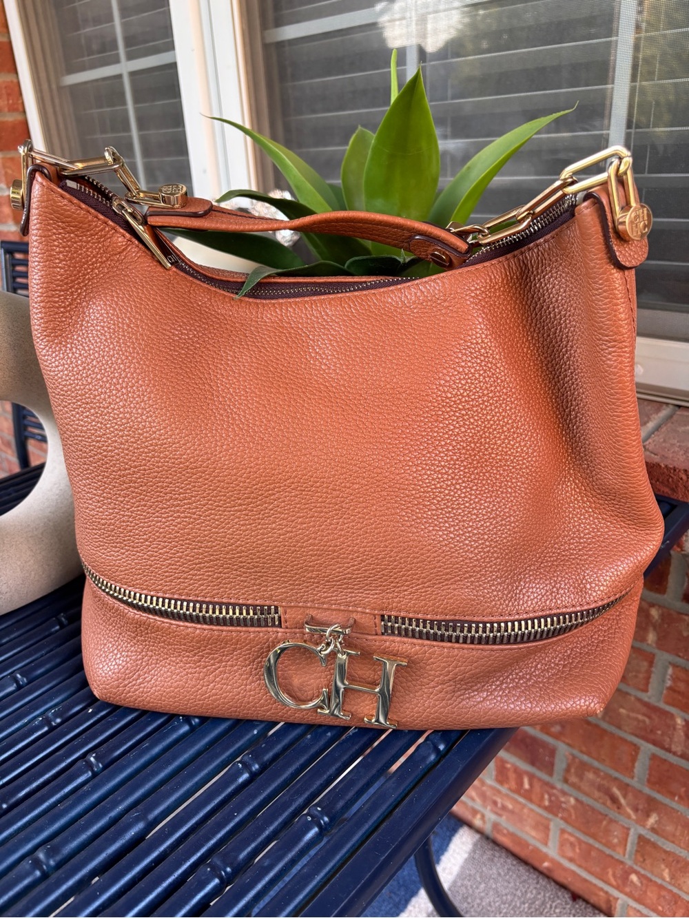 CH Carolina Herrera Spanish Pebbled Leather Slouch Hobo Bag Cognac Gold